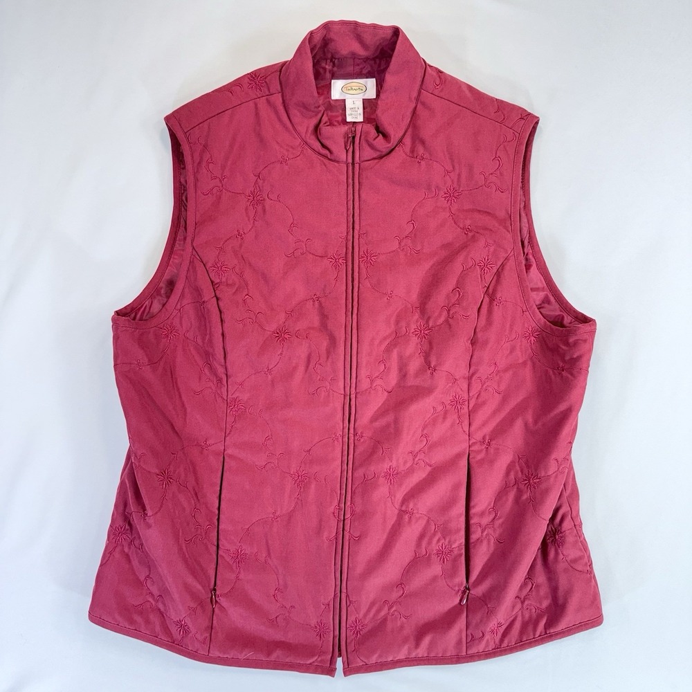 Vintage Talbots Womens Large Red Floral Embroidered Holiday Christmas Zip Vest